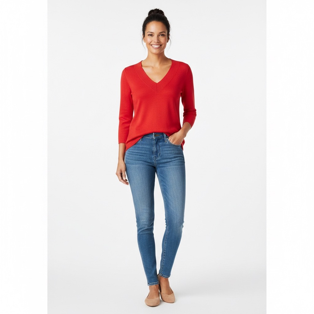 Coldwater Creek $50 Red 100% Supima Cotton V-Neck 3/4 Sleeve Top XL like new